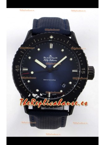 Reloj Blancpain Fifty Fathoms Superclon con caja de cerámica, correa de cuero y esfera azul