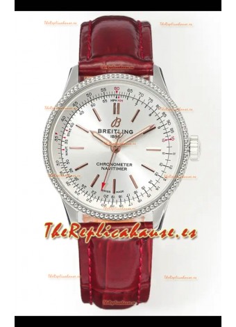 Reloj Navitimer automático 36 con esfera de acero y correa roja, réplica perfecta