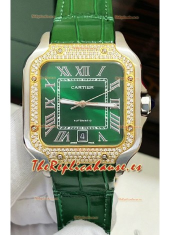 Reloj réplica suizo Cartier Santos De Cartier con esfera verde y diamantes, bicolor
