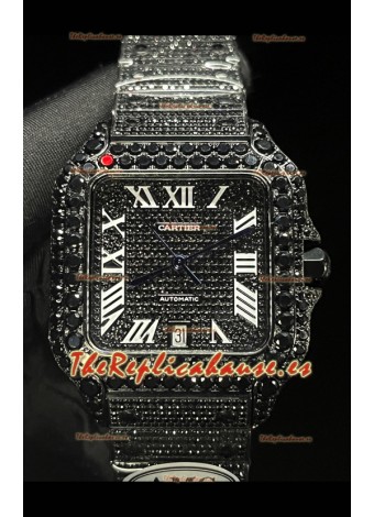 Reloj Cartier "Santos De Cartier" Superclon de 40 mm con moissanita negra