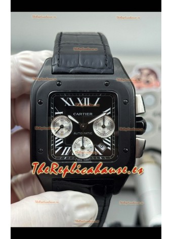 Reloj réplica suizo Cartier Santos 100 con revestimiento DLC, esfera negra y 44 mm