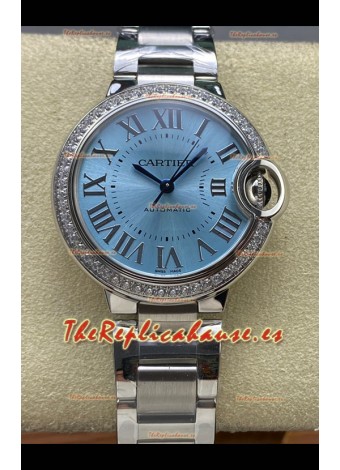Reloj Ballon De Cartier automático con diamantes azul hielo y esfera de 36 mm, réplica exacta