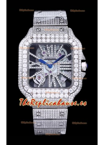 Reloj Cartier "Santos De Cartier" Skeleton con moissanita pavimentada, superclone