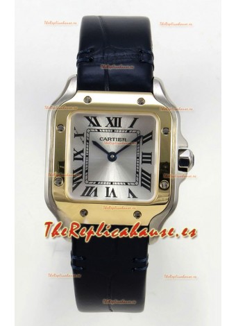 Reloj Cartier Santos Swiss Quartz de 27 mm con correa de cuero bicolor, réplica exacta