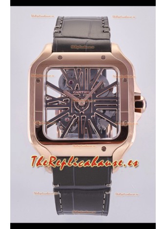 Reloj Santos De Cartier Superclon con esfera esqueletizada y caja de oro rosa