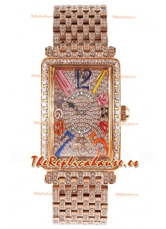 Reloj réplica suizo Franck Muller Long Island Color Dreams de oro rosa con diamantes