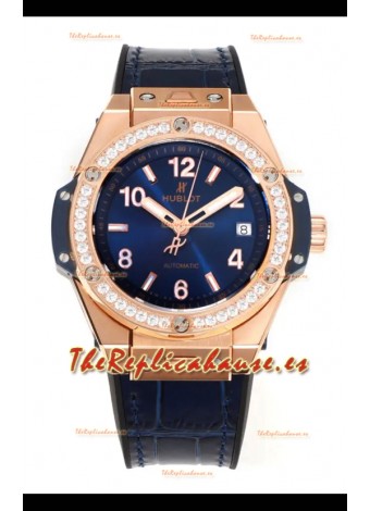 Reloj Hublot Big Bang One Click con bisel de moissanita y esfera azul, color oro rosa