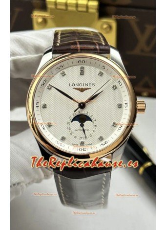 Reloj Longines Master Automatic Moonphase con esfera blanca y oro rosa, superclon