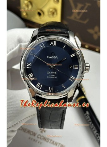 Reloj Omega De Ville Co-Axial de 41 mm con esfera azul y correa de cuero, réplica perfecta