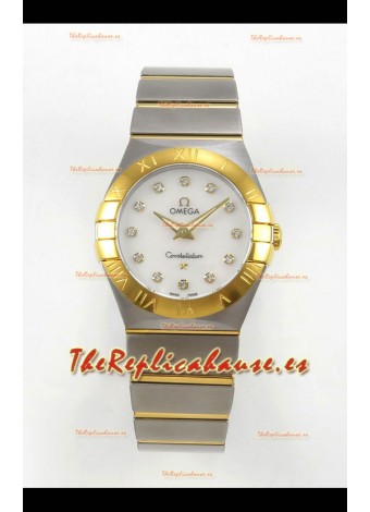 Reloj Omega Constellation Superclon de 28 mm, bicolor, oro amarillo, esfera perlada, cuarzo