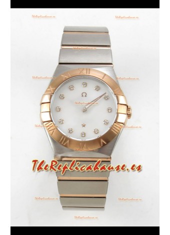 Reloj Omega Constellation Superclon de 28 mm, bicolor oro rosa, esfera perlada, cuarzo