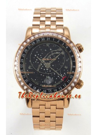 Reloj Patek Philippe Grand Complications 6102 con esfera negra y correa de oro rosa, réplica exacta