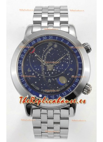 Reloj Patek Philippe Grand Complications 6102 con esfera azul y correa de acero, réplica de alta calidad