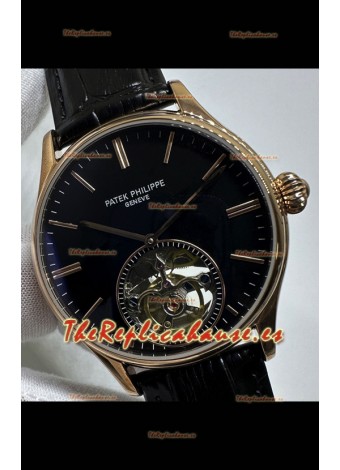 Reloj réplica japonés Patek Philippe Tourbillon de oro rosa con esfera negra