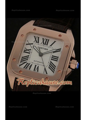 Cartier Santos 100 Reproducción Reloj Suizo de Oro Rosa - Esfera Blanca
