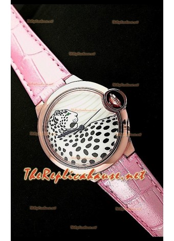 Ballon De Cartier Reloj de Oro Rosa con Esfera de Leopardo y Correa Rosa 