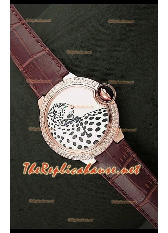 Ballon De Cartier Reloj de Oro Rosa con Esfera de Leopardo y Correa Marrón 