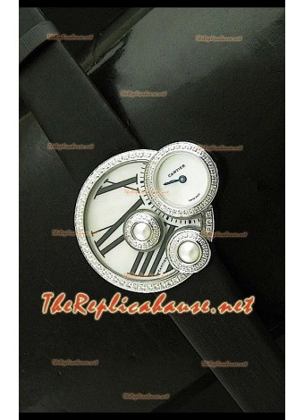 Perles de Cartier Reloj Suizo para Señoras  en Acero Inoxidable en Correa Negra