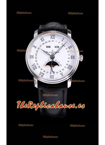 Blancpain "Villeret Quantième Complet" Reloj Suizo de Acero 904L con Dial Blanco