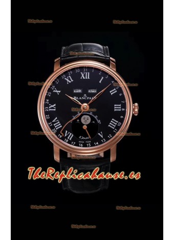 Blancpain "Villeret Quantième Complet" Reloj de Acero 904L en Oro Rosado Dial Negro