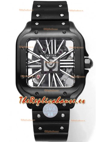 Santos De Cartier Reloj Dial Skeleton - Caja y Bisel Revestida en DLC Correa de Goma