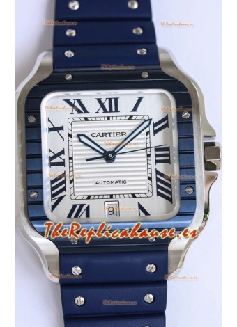 Santos De Cartier Réplica Suiza a 1:1 Bisel DLC Azul Reloj 40MM - Correa de Goma