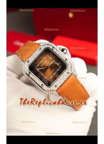 Santos De Cartier Watch in Dial Marrón 39.50MM Bisel Pavimentado en Moissanitas Reloj Réplica Suizo