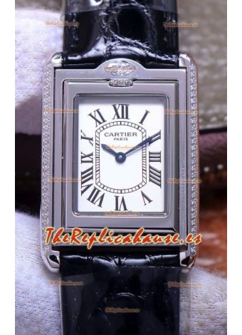 Cartier Tank Reversible Reloj Réplica Cuarzo Suizo en Caja Acero - Correa Negra