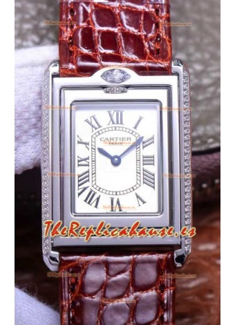 Cartier Tank Reversible Reloj Réplica Cuarzo Suizo en Caja Acero - Correa Marrón