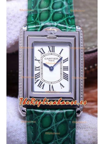 Cartier Tank Reversible Reloj Réplica Cuarzo Suizo en Caja Acero - Correa Verde