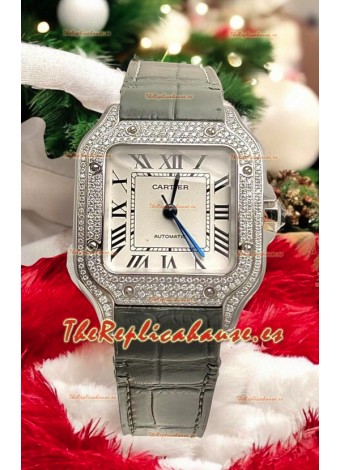Reloj Santos De Cartier en Dial Blanco 39.50MM MOISSANITAS pavimentadas en Bisel Reloj Réplica Suizo