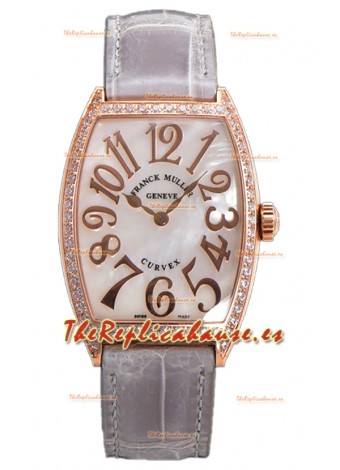 Franck Muller Cintree Curvex Dial Madre Perla Reloj Chapado en Oro Rosado - Correa Gris