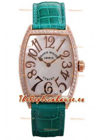 Franck Muller Cintree Curvex Dial Madre Perla Reloj Chapado en Oro Rosado - Correa Verde