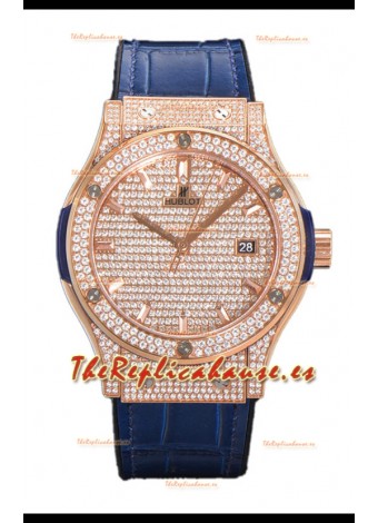 Hublot Classic Fusion Automático Dial Oro Rosado pavimentado en Diamantes Correa Azul 42MM Reloj Superclone Réplica