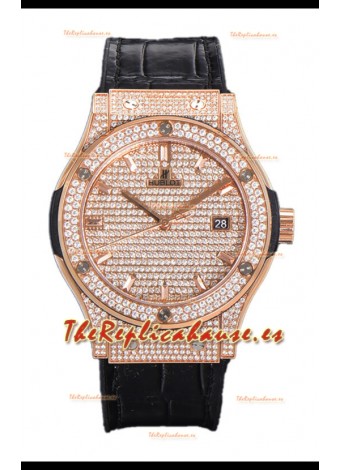 Hublot Classic Fusion Automático Dial Oro Rosado pavimentado en Diamantes Correa Negra 42MM Reloj Superclone Réplica 