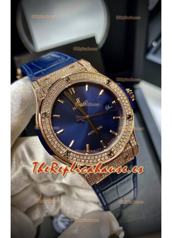 Hublot Classic Fusion Diamonds Rose Gold Steel Dial Azul Reloj Réplica Suizo 1:1 Calidad Espejo