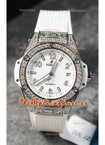 Hublot Big Bang One Click Caja Pavimentada de Moissanitas Reloj Réplica Suizo Dial Blanco
