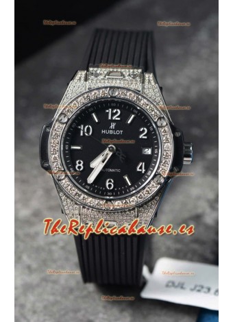 Hublot Big Bang One Click Caja Pavimentada de Moissanitas Reloj Réplica Suizo Dial Negro