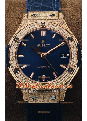 Hublot Classic Fusion Diamonds Oro Rosado Dial Azul 38MM Reloj Réplica Suizo Calidad Espejo 1:1