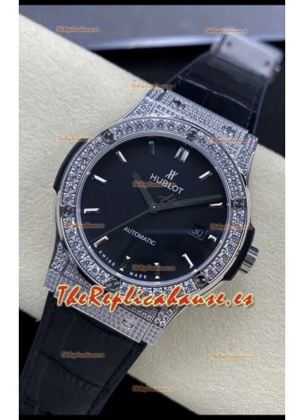 Hublot Classic Fusion Acero Inoxidable Dial Negro Diamantes Reloj Réplica Suizo Calidad Espejo 1:1