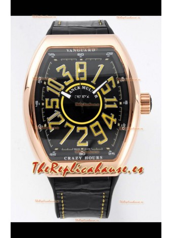 Franck Muller Vanguard Crazy Hours Caja chapada en Oro Rosado - Dial Negro Reloj Réplica Suizo