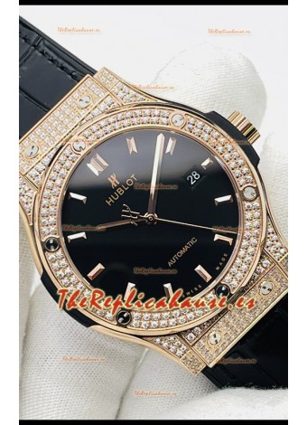 Hublot Classic Fusion Diamantes Oro Rosado Dial Negro Reloj Réplica Suizo Calidad Espejo 1:1