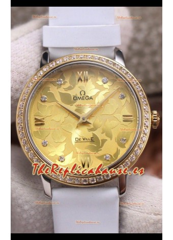 Omega De Ville Floral Dial Movimiento de Cuarzo Suizo Caja en Dos Tonos - Dial Oro