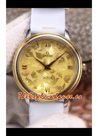 Omega De Ville Floral Dial Movimiento de Cuarzo Suizo Caja en Dos Tonos - Dial Oro