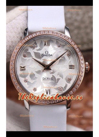 Omega De Ville Floral Dial Movimiento de Cuarzo Suizo Caja en Dos Tonos - Dial Acero