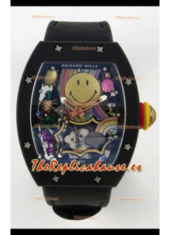 Richard Mille Super Clone RM088 Smiley Tourbillon Cerámica Negra Reloj Correa Velcro