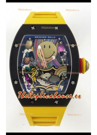 Richard Mille Super Clone RM088 Smiley Tourbillon Cerámica Negra Reloj Correa de Goma
