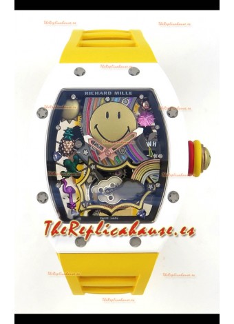 Richard Mille Super Clone RM088 Smiley Tourbillon Cerámica Blanca Reloj Correa de Goma
