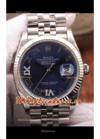 Rolex Datejust 36MM Movimiento Cal.3135 Reloj Réplica Suizo en Acero 904L Dial Azul en Acero y Romanos