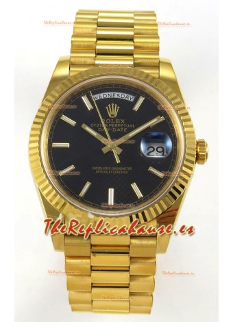 Rolex Day Date Super Clone Dial Negro Diseño Panal Abejas 40MM 220 Gramos Reloj Réplica Suizo